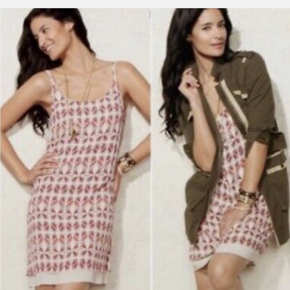 CAbi Red Black And Cream Lined Hi Low Rayon Woven Shift Dress size M